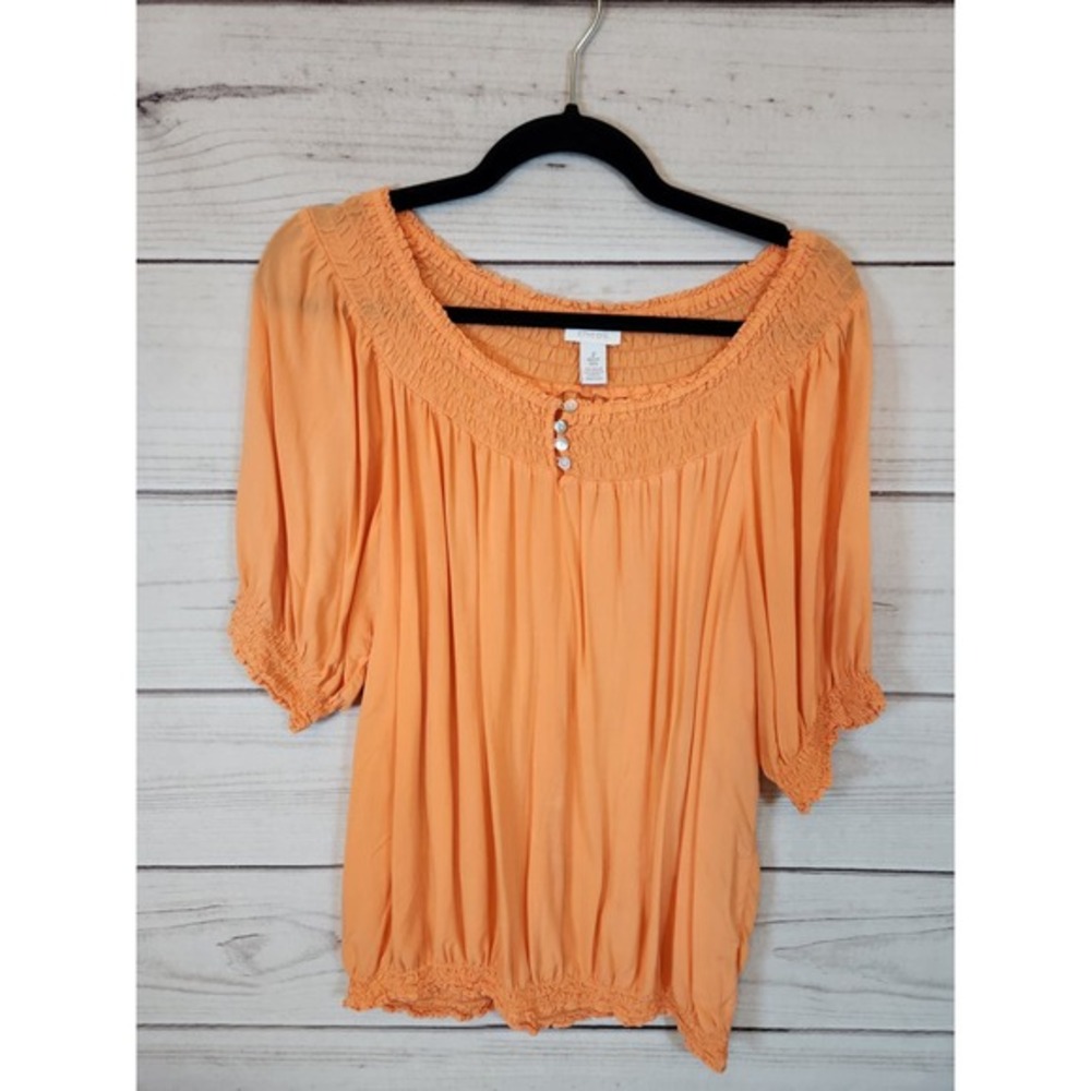 Chico's Women's Orange Solid Scoop Neck Casual Short Puff Sleeve‎ Blouse  2 / L